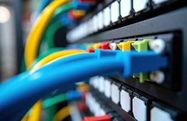 Colorful network cables plugged into a patch panel in a data center or server room