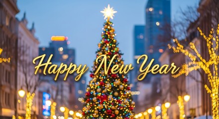 Happy new year text overlay on christmas tree in city street with buildings and lights at dusk time