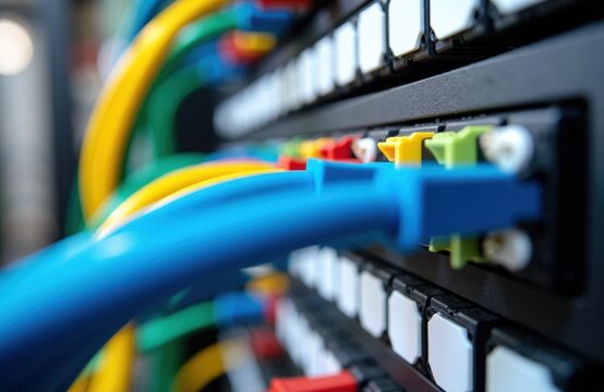 Colorful network cables plugged into a patch panel in a data center or server room