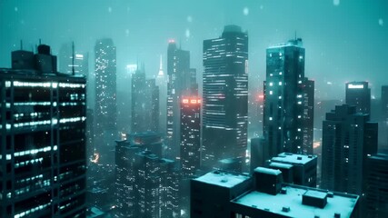 Digital art scifi wallpaper background. A cyberpunk cityscape at night, with skyscrapers illuminated by neon lights and snowflakes. The city is depicted in a digital art style. - Powered by Adobe