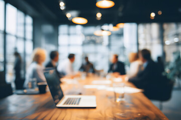 Blur office meeting blurred background with business people working group in boardroom discussion for teamwork brainstorming, executive seminar or professional training in small startup enterprise