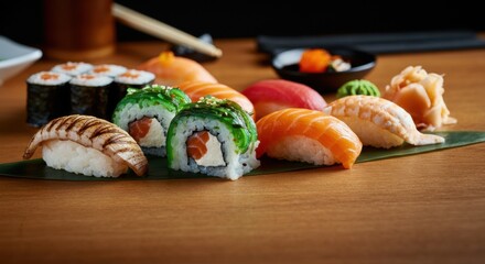 Assorted sushi rolls and sashimi arranged on a wooden surface