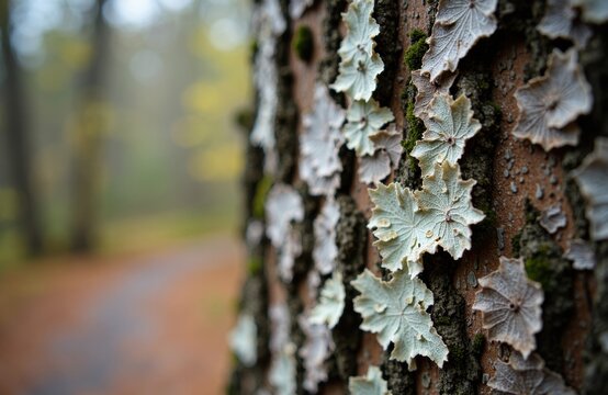 Close-up of tree bark covered with lichen in a forest setting with blurred background