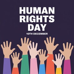 Obraz premium Human Rights Day Illustration with Diverse Raised Hands in Solidarity and Equality Concept on Purple Background 