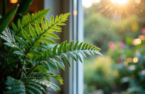 A close-up of lush green fern leaves illuminated by sunlight near a window - Powered by Adobe