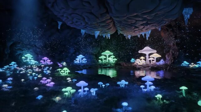 Glowing fungi landscape in a dark cavern with twinkling lights.