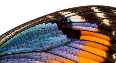 Discover the vibrant iridescence of a butterfly wing with its detailed scales in stunning blue, orange, and black, perfect for nature, science, or abstract art projects