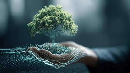 Nurturing Growth: A digital tree sprouts from a delicate hand, symbolizing eco-consciousness and technology integration.