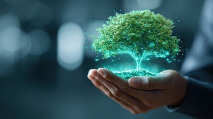 Eco-Conscious Embrace: A person cradles a luminous, thriving tree, symbolizing a commitment to environmental stewardship and the interconnectedness of life.
