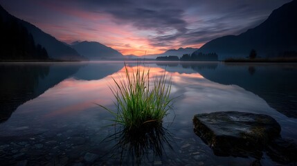 Lake reflection at sunrise in mountain landscape