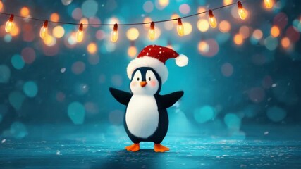 cute happy dancing penguin on festive bakground with fairy lights illustrated animation - Powered by Adobe