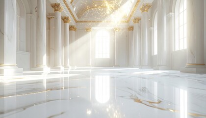 滑らかな白い大理石の表面に、柔らかな反射光が静かに広がる。空気の中には淡い金色の微粒子が漂い、まるで聖堂に響くオーケストラの余韻のように感じられる。
