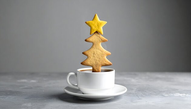 Christmas tree-shaped cookie with a star topper standing in a white cup of hot, steaming coffee or tea against a neutral grey background.