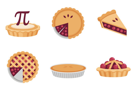 Flat vector icons for dessert and mathematics, featuring various baked pies, slices, Pi symbol, and bakery sweet food items.
