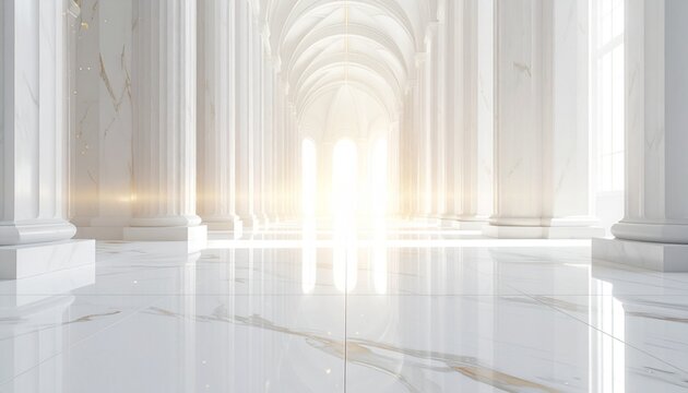 滑らかな白い大理石の表面に、柔らかな反射光が静かに広がる。空気の中には淡い金色の微粒子が漂い、まるで聖堂に響くオーケストラの余韻のように感じられる。