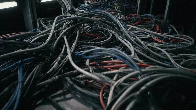 Mess of tangled wires and cables on floor surface, dark setting