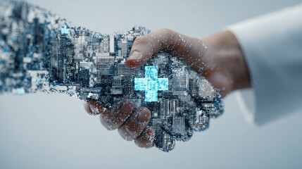 Digital Handshake: A futuristic medical concept, depicting a handshake merging human and technological elements, symbolized by a digital cross, representing the fusion of healthcare and technology. 