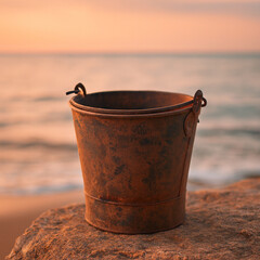Rusty metal sheet standing on seaside rocks glowing in golden sunset light