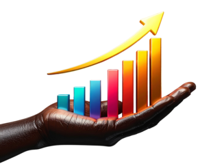 A realistic AI-generated image of a dark human hand supporting a set of colorful 3D financial, symbolizing business growth and success, soft shadow and high-quality lighting, isolated on a 