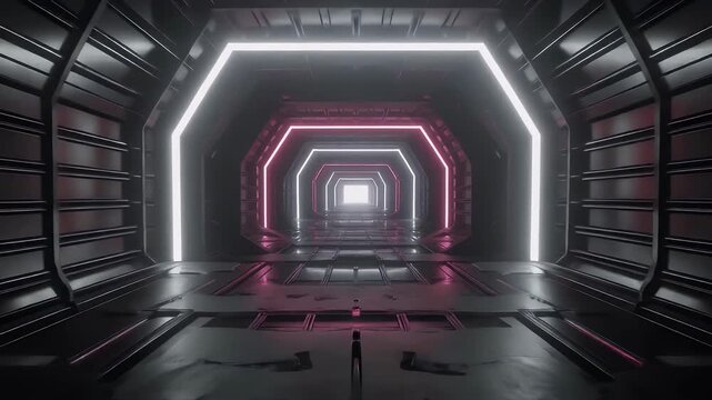 A futuristic sci-fi corridor illuminated by glowing pink and white neon lights, creating a sense of deep perspective.