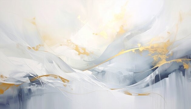 冬の空気を抽象的に表現したアート。透き通るような白、淡い金、クールグレーの層がゆるやかに重なり合い、まるでオーケストラの音色のように静かに溶け合う。