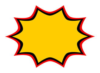 Yellow comic explosion shape with red and black outline, blank pop art burst for sale banner, speech bubble, and graphic design