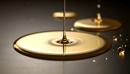 A stream of liquid gold or golden oil dripping and pooling into reflective, circular puddles on a dark, sleek, and minimalist surface.
