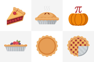 Flat vector icons for autumn desserts, illustrating delicious pumpkin pie, sweet baked treats, holiday food, and bakery slices.