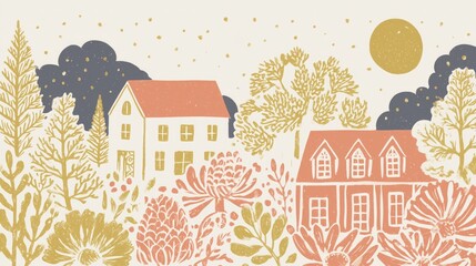 Vintage Illustration of a Charming Village with Houses, Trees, Flowers, Moon and Stars in Warm Earthy Tones, Ideal for Wallpaper, Poster, Home Decor and Design Inspiration
