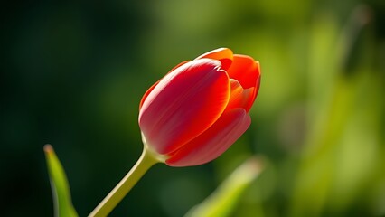 phototropism. A red tulip growing horizontally with its flower turned upward toward the light source. gardening catalogs, home-decor guides, designed for home decor and floral branding.