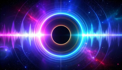 宇宙の中心で輝くブラックホールが、電気のようなブルー・ピンク・パープルの光を放ち、渦を描くように広がる。放射状に伸びる光波は音の周波数やベースの振動を思わせ、強烈なエネルギーとリズムを表現。周囲には星々と星雲が漂い、奥行きと神秘を演出する。