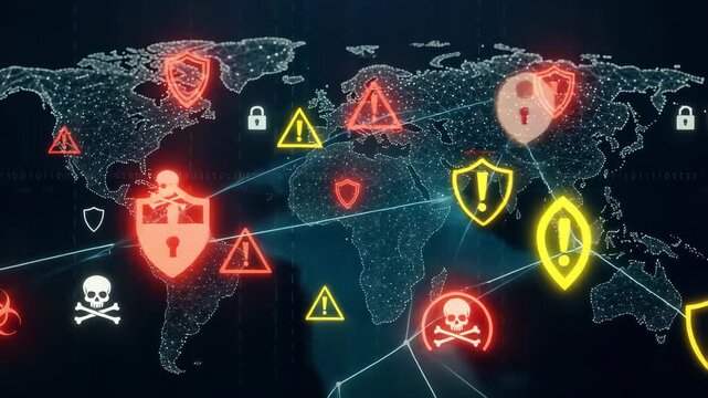 Global cyber threat map with warning icons and digital network overlay - Powered by Adobe