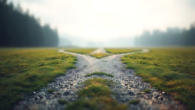 divergence. Crossroads splitting in two directions, choice and decision concept. wellbeing guides, coaching materials, designed for mental health education and mindfulness programs.