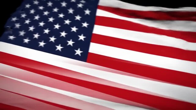 Waving red, white and blue striped flag with white stars against a dark, shadowy backdrop
