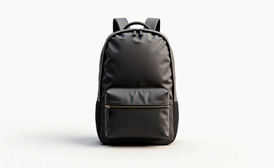 Naklejka premium Black modern backpack with front pocket and zipper, isolated on white background, minimalist travel and fashion accessory concept.