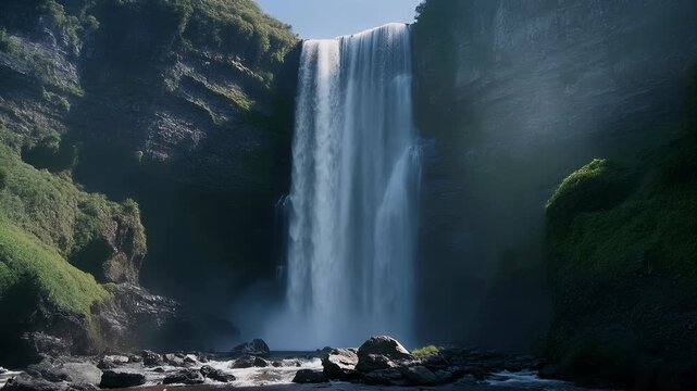 A majestic waterfall cascades into a rocky pool surrounded by lush green cliffs under a clear sky.