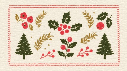 Christmas Vintage Illustration with Holly, Berries, Christmas Trees and Festive Foliage in Textured Art Style, Framed with Red Border, Ideal for Holiday Wallpaper, Poster, Seasonal Decor