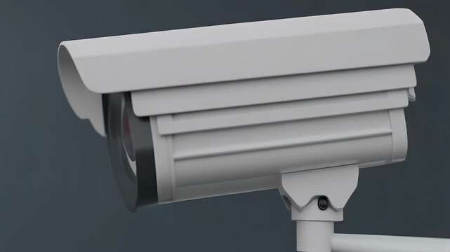 A close-up view of a modern white security camera with visible infrared LEDs, mounted against a dark gray background.
