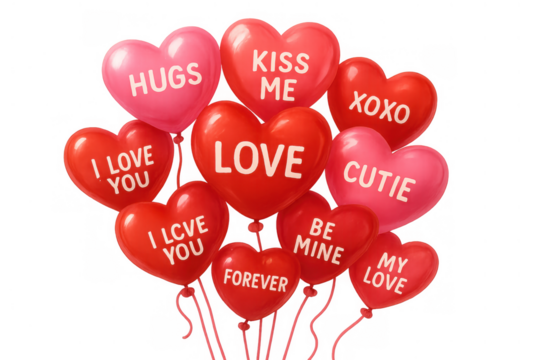 Red and pink heart balloons with love messages floating, expressing romance, devotion, and celebration on transparent background
