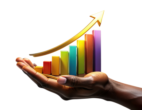A realistic AI-generated image of a dark human hand supporting a set of colorful 3D financial bars with an upward golden arrow  soft shadow and high-quality lighting, isolated on a transparent ba