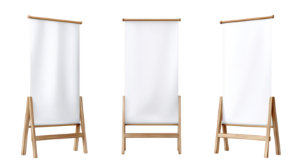 Set of three blank white roll up banner stand mockups from different angles. Isolated on transparent background, png