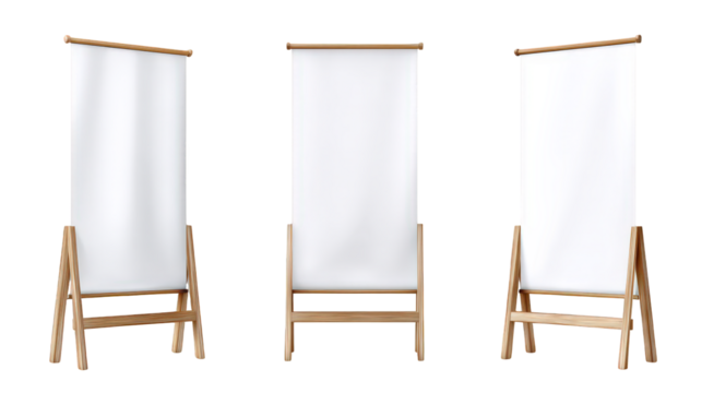 Set of three blank white roll up banner stand mockups from different angles. Isolated on transparent background, png