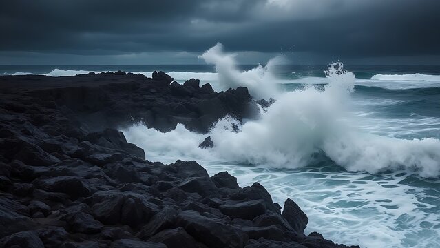 oligarchy. Ocean waves crashing against a dark rocky coastline with a stormy sky. travel magazines, destination branding, designed for outdoor magazines and nature guides.