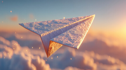 A paper airplane dusted with snow, gliding gracefully above sunlit, fluffy clouds during a serene, golden sunset.
