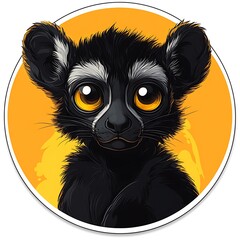 Obraz premium Cute photo Black Lemur Character with Big Yellow Eyes on Orange animal face