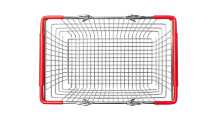 Empty metal shopping basket with red handles viewed from above on a black background