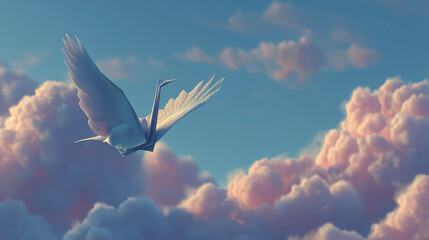 A translucent, origami crane soaring gracefully against a serene backdrop of fluffy, pink-tinged clouds in a peaceful sky.
