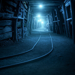 Underground mining tunnel with glowing lamps and wagon tracks disappearing into darkness