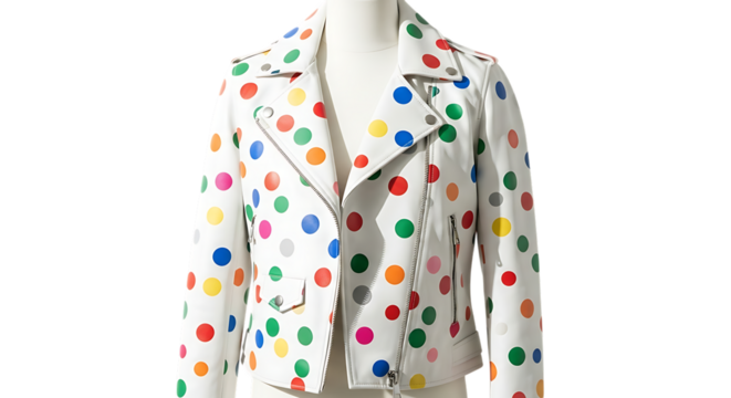Stylish white leather motorcycle jacket adorned with a vibrant and playful pattern of colorful polka dots