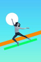 Image pop artwork banner sketch photo collage of happy hipster girl dance weekend chill occasion celebration holiday vibe